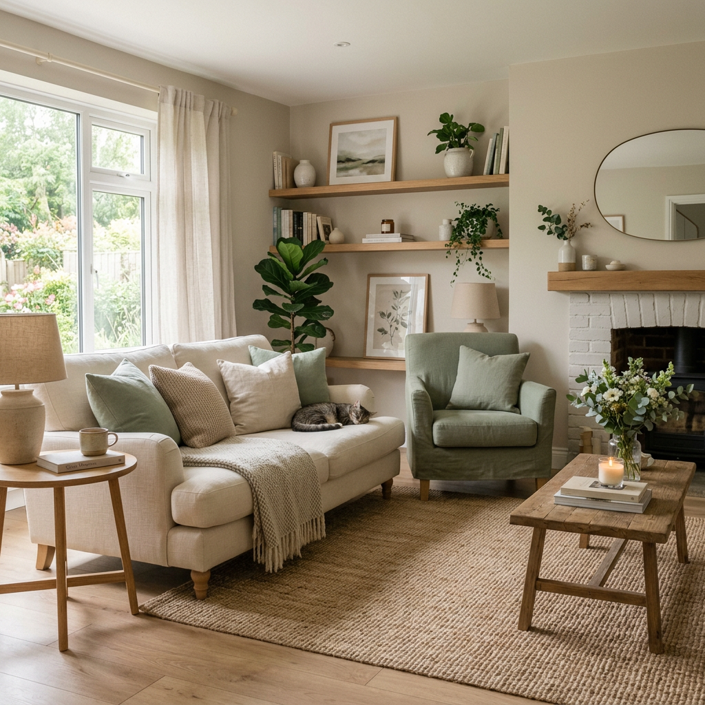 Living room with beige sofa, green armchair, wooden coffee table, shelves with decorations, and a cat sleeping on the sofa