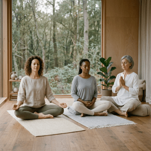 Three women sitting cross-legged and meditating indoors with large window showing trees