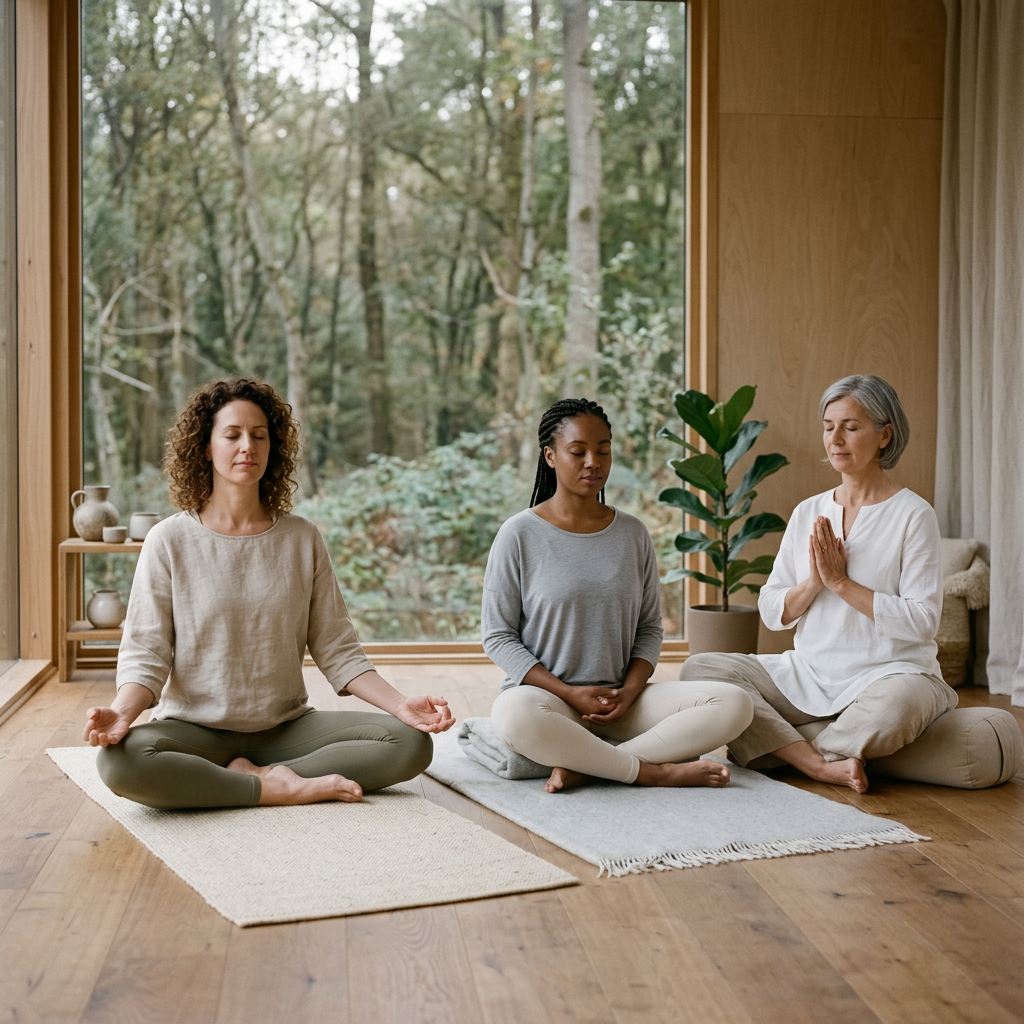 Three women sitting cross-legged and meditating indoors with large window showing trees
