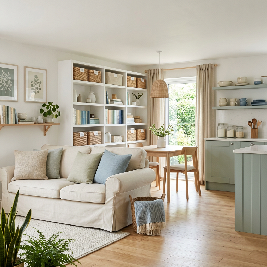 Living room with beige sofa, pastel cushions, white shelving with baskets and books, wooden dining table by window, and light green kitchen cabinets