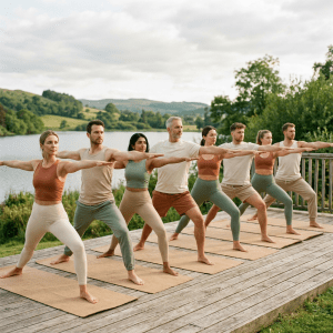 Seven adults performing yoga Warrior II pose on mats outdoors by a lake