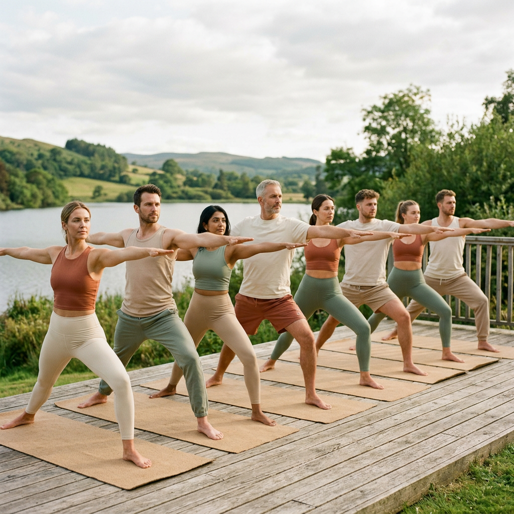 Seven adults performing yoga Warrior II pose on mats outdoors by a lake
